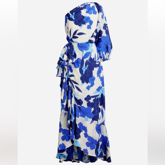 J.Crew Collection one-shoulder ruffle-hem dress blue painted floral print. Sz 00 - Picture 3 of 7